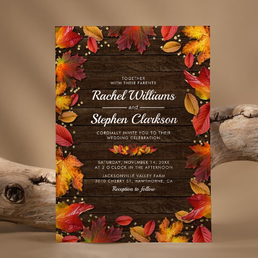 Invitation Noces Bois Rustique Automne Feuilles Or
