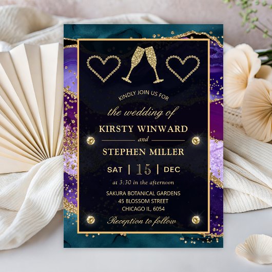 Invitation Noces d'Agate Paon Bleu-vert, Violet et Or