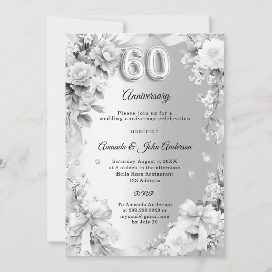 Invitation noces d'argent 60 ans fleurs rubans (Devant)