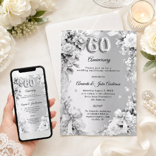 Invitation noces d'argent 60 ans fleurs rubans