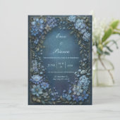 Invitation Noces de Clématite Bleu Minuit Bordure Dorée (Debout devant)