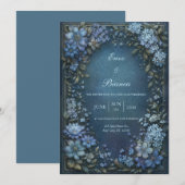 Invitation Noces de Clématite Bleu Minuit Bordure Dorée (Devant / Derrière)