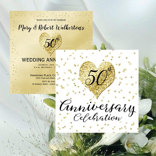 Invitation Noces de confetti en or pour 50e anniversaire de m