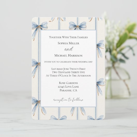Invitation Noces de Crème aux Rubans Bleus (Debout devant)