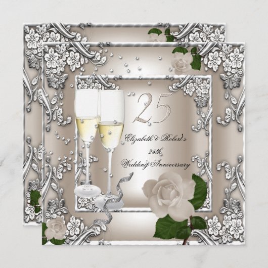Invitation Noces de Cristal Mariage Crème Rose Argent (Devant / Derrière)