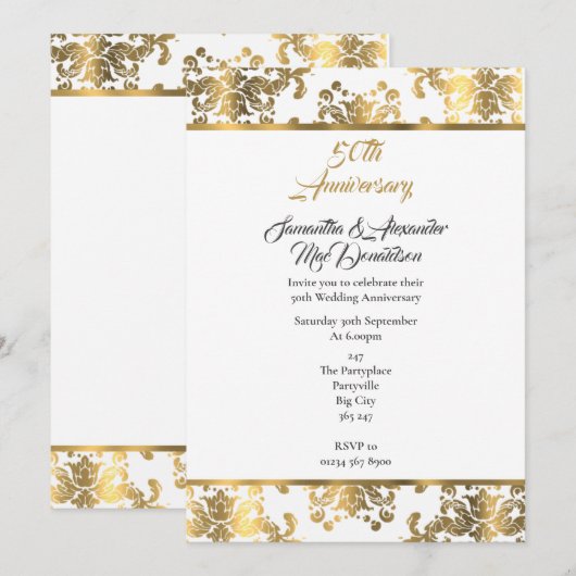 Invitation Noces de damas or 50 ans de mariage (Devant / Derrière)