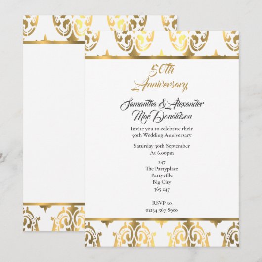 Invitation Noces de damas or et blanc 50 ans de mariage (Devant / Derrière)