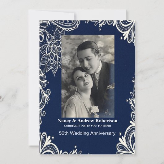 Invitation noces de dentelle blanche bleue marine 50 ans (Devant)