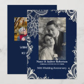 Invitation noces de dentelle blanche bleue marine 50 ans (Devant / Derrière)
