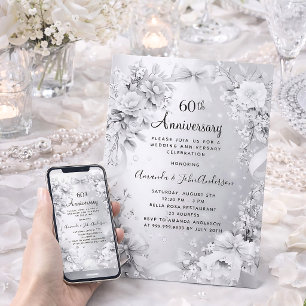 Invitation noces de diamant 60 ans mariage fleur argentée bow