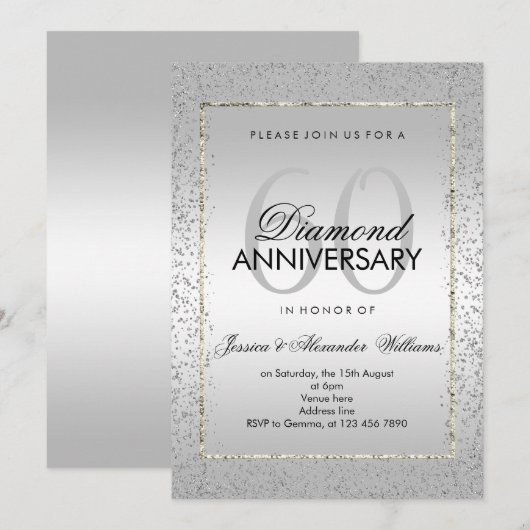 Invitation Noces de diamant 60 ans Stylées en Argent avec Con (Devant / Derrière)