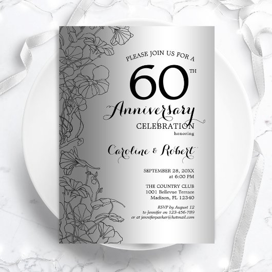 Invitation Noces de diamant argent floral 60e anniversaire