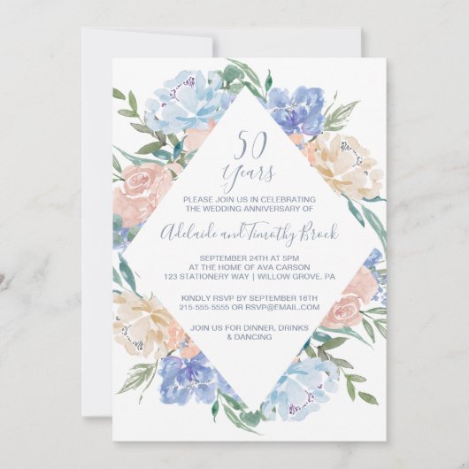 Invitation Noces de diamant Bleu Poussiéreux 50e Anniversaire (Devant)