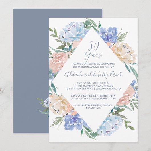 Invitation Noces de diamant Bleu Poussiéreux Floral 50e Anniv (Devant / Derrière)