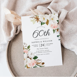 Invitation Noces de diamant : Fleurs roses et blanches 60e an