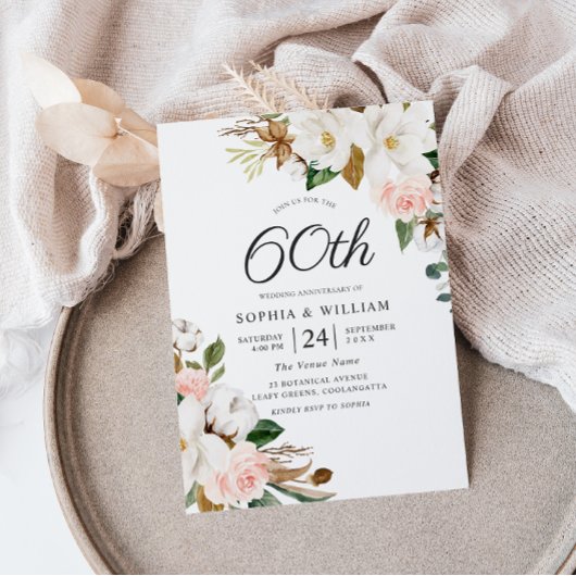 Invitation Noces de diamant Fleurs roses et blanches 60e anni