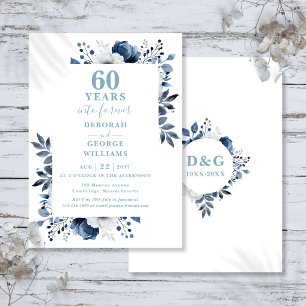 Invitation Noces de diamant - Monogramme floral bleu pour 60 