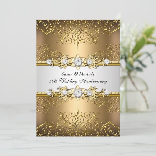 Invitation Noces de diamant : tourbillon floral or et blanc 5 (Debout devant)