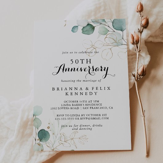 Invitation Noces de eucalyptus rustique or 50ème anniversaire