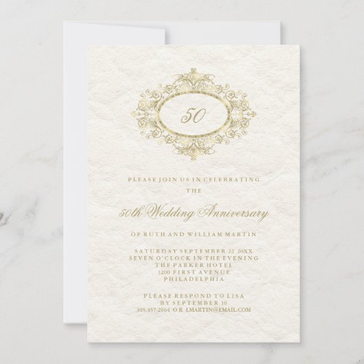 Invitation Noces de faux or sur fond blanc crémeux 50e annive (Devant)