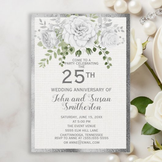 Invitation Noces de Fleur Blanche Argenté 25 Ans de Mariage