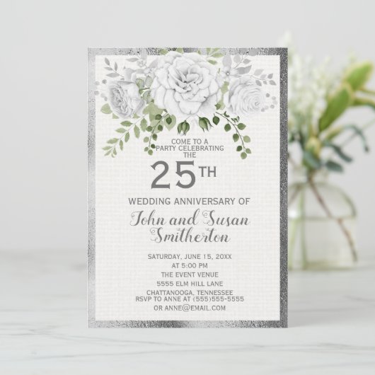 Invitation Noces de Fleur Blanche Argenté 25 Ans de Mariage (Debout devant)