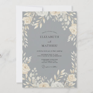 Invitation Noces de Foliage Crème d'Eucalyptus sur Fond Ardoi