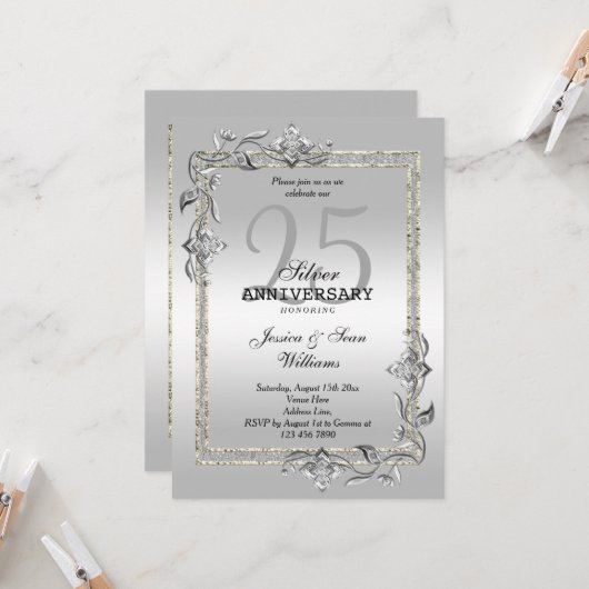 Invitation Noces de Gemme et de Paillettes d'Argent 25e Anniv (Devant/Arrière en situation)
