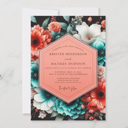 Invitation Noces de la flore nocturne corail sarcelle (Devant)