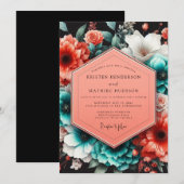 Invitation Noces de la flore nocturne corail sarcelle (Devant / Derrière)