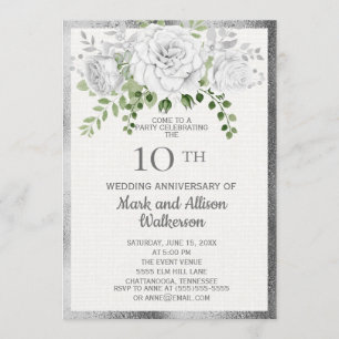 Invitation Noces de mariage 10 ans Fleurs Argent Blanc