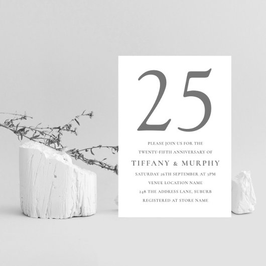 Invitation Noces de mariage 25 ans Argent Gris & Blanc