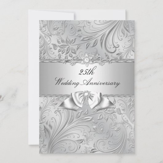 Invitation Noces de Mariage 25 ans Fleurs Argentées & Ruban (Devant)