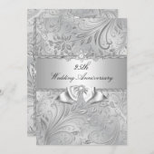 Invitation Noces de Mariage 25 ans Fleurs Argentées & Ruban (Devant / Derrière)