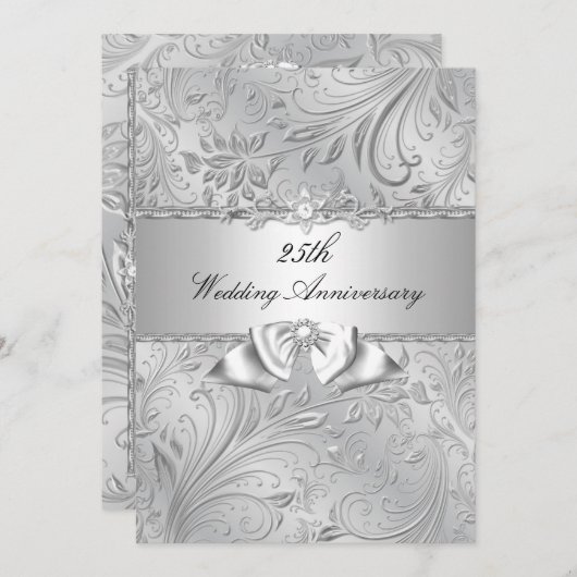 Invitation Noces de mariage 25 ans Fleurs et ruban argentés (Devant / Derrière)
