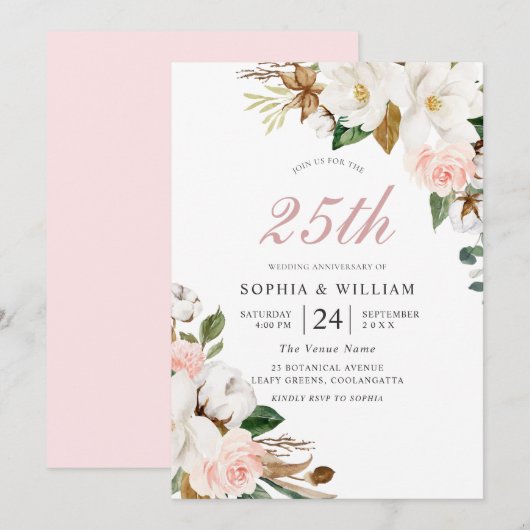 Invitation Noces de mariage 25 ans Fleurs roses et blanches (Devant / Derrière)
