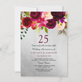 Invitation Noces de mariage 25 ans Floral Argent et Bourgogne (Devant)