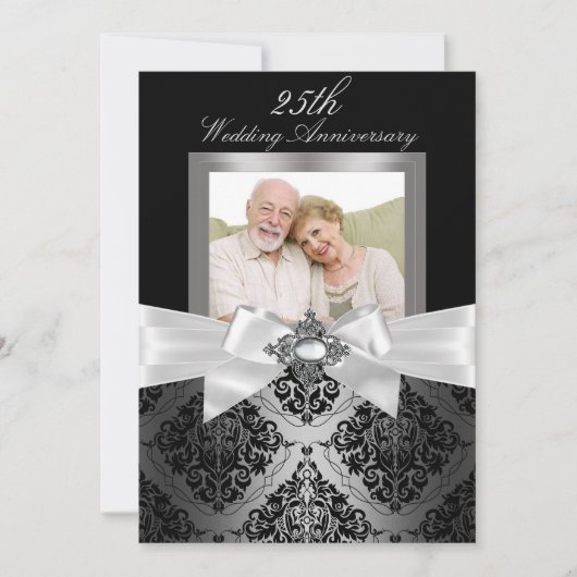 Invitation Noces de mariage 25 ans Ruban noir et argent & Dam (Devant)
