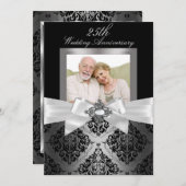 Invitation Noces de mariage 25 ans Ruban noir et argent & Dam (Devant / Derrière)