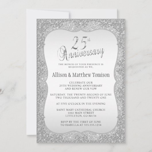 Invitation Noces de mariage 25 ans Silver Glitter | Texte DIY (Devant)