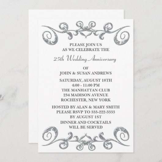 Invitation Noces de mariage 25 ans Silver Swirls (Devant / Derrière)