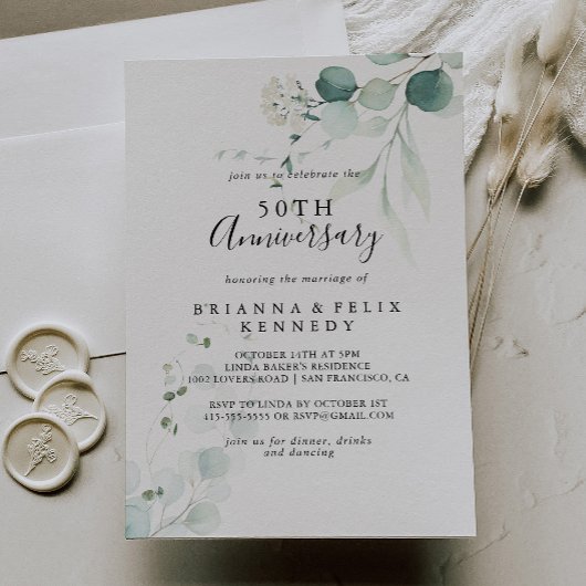 Invitation Noces de mariage 50 ans Eucalyptus Vert d'Été