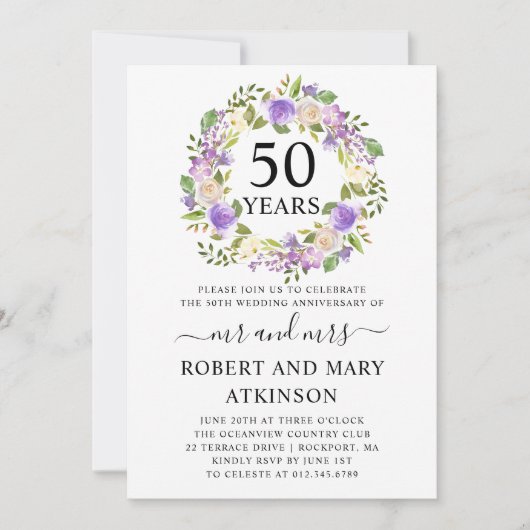 Invitation Noces de mariage 50 ans Fleurs Blanc Violet (Devant)