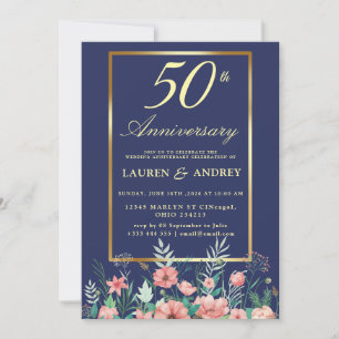Invitation Noces de Mariage 50 Ans Fleurs Bleu Marine Or