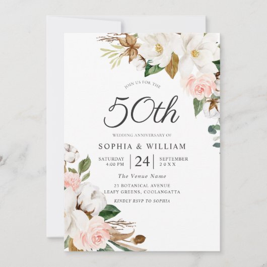 Invitation Noces de mariage 50 ans Fleurs roses et blanches (Devant)