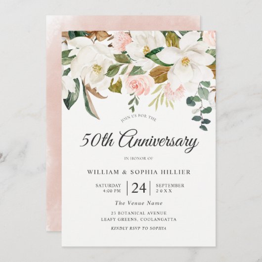 Invitation Noces de mariage 50 ans Fleurs roses et blanches (Devant / Derrière)