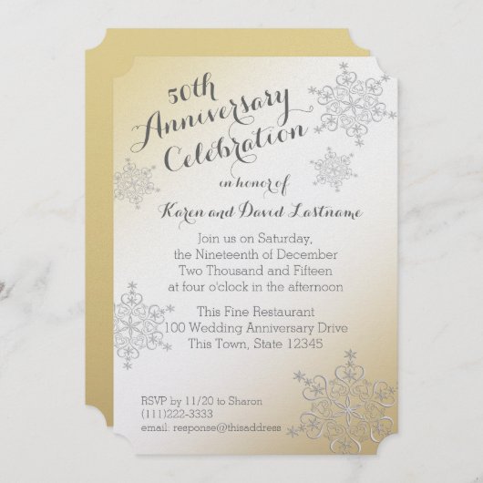 Invitation Noces de mariage 50 ans Flocon d'argent Doré (Devant / Derrière)