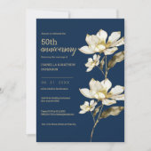 Invitation Noces de mariage 50 ans or bleu blanc floral  (Devant)