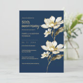 Invitation Noces de mariage 50 ans or bleu blanc floral  (Debout devant)