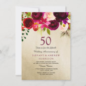 Invitation Noces de mariage 50 ans or et bordeaux Floral (Devant)
